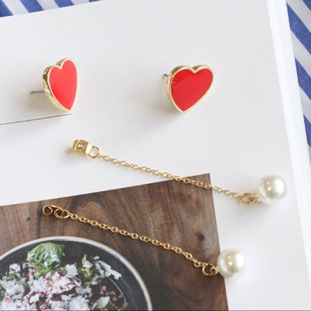 Red Heart with Removable Dangle Pearl Earrings - Picture 3 of 4